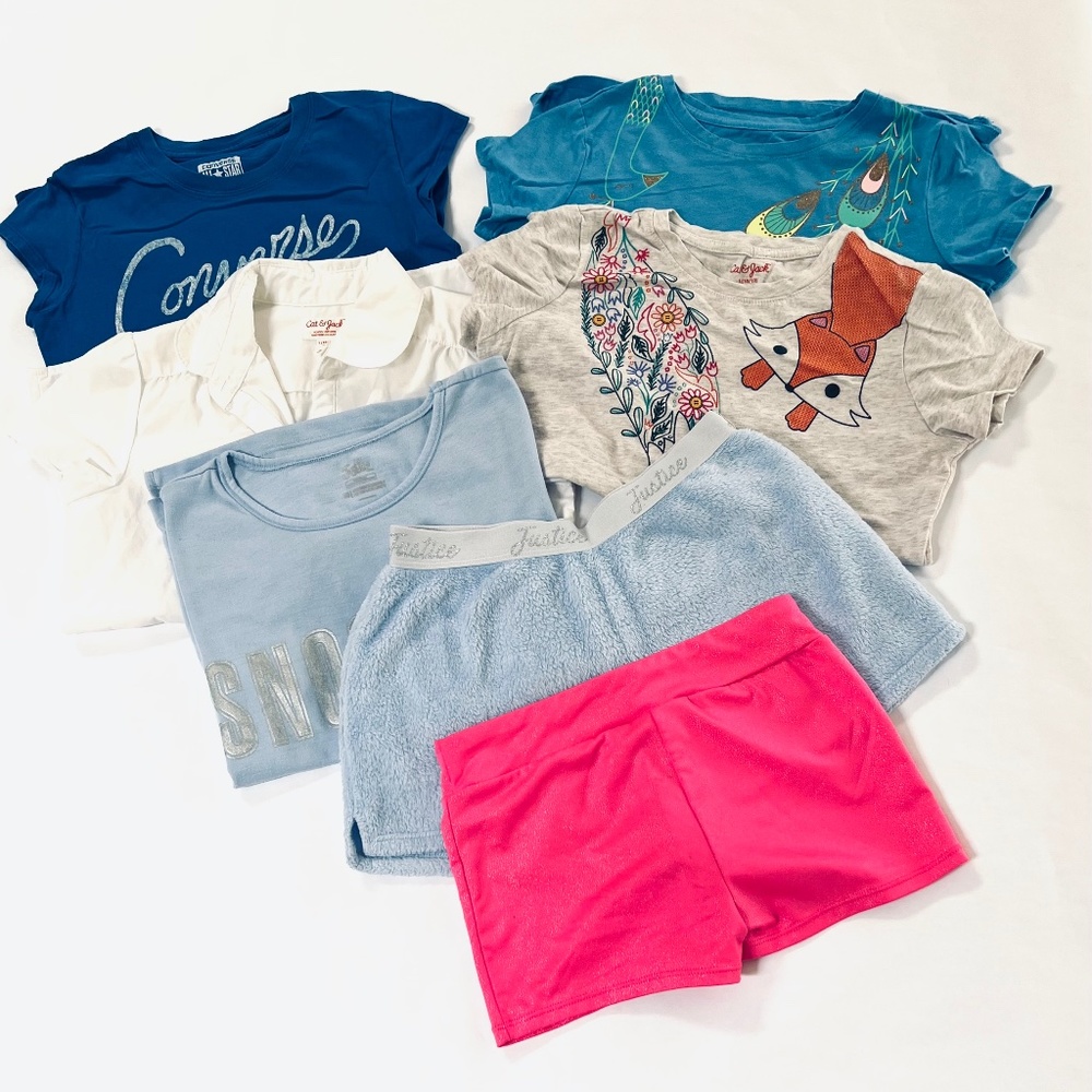 Lot of 7 Girls Converse  Justice,  Old Navy Graphic t-shirts , PJ, Shorts, 10/12